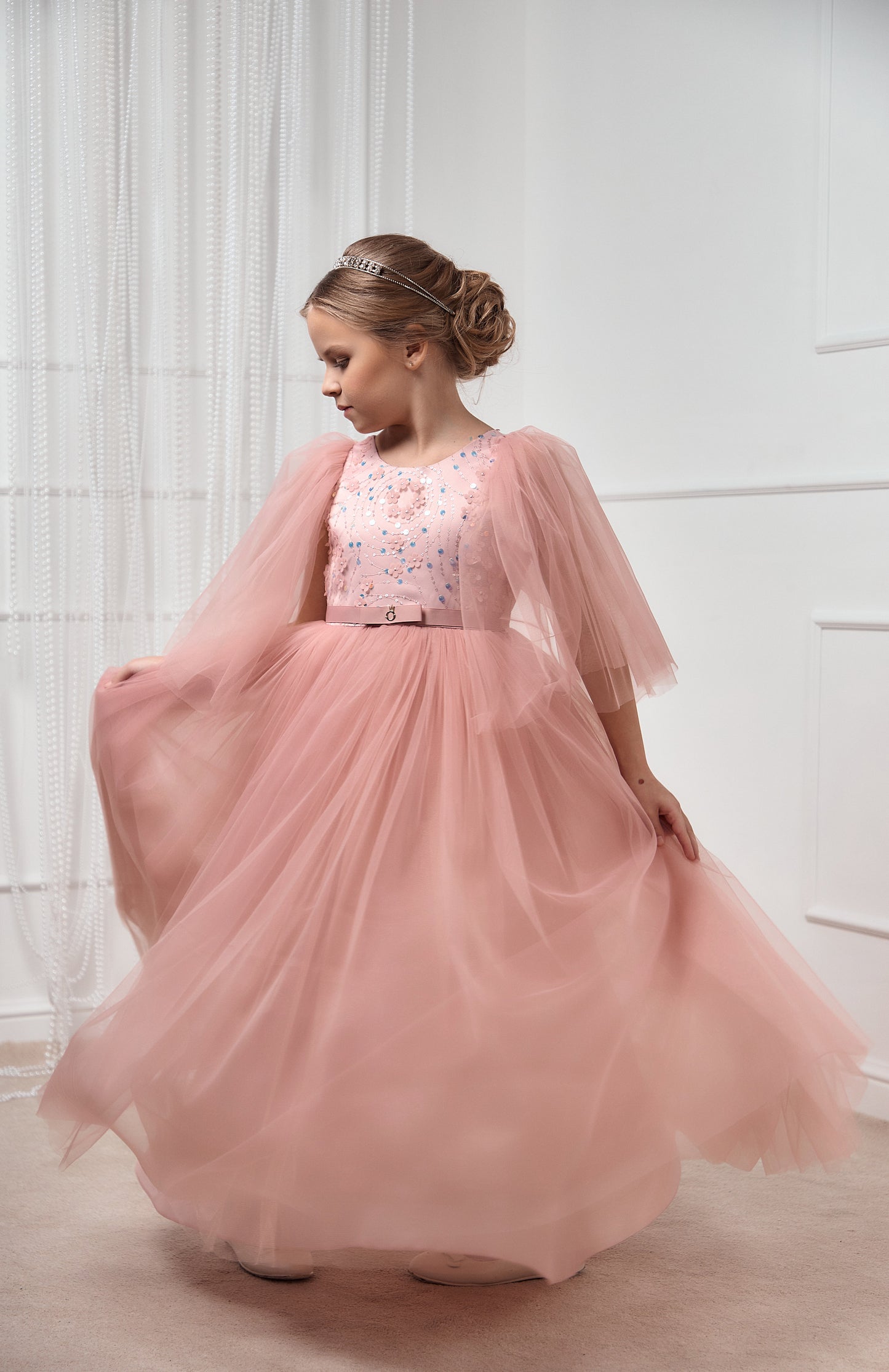 Kristell long Blush Pink Girls Evening Dress with Sequin Bodice & Flowing Skirt