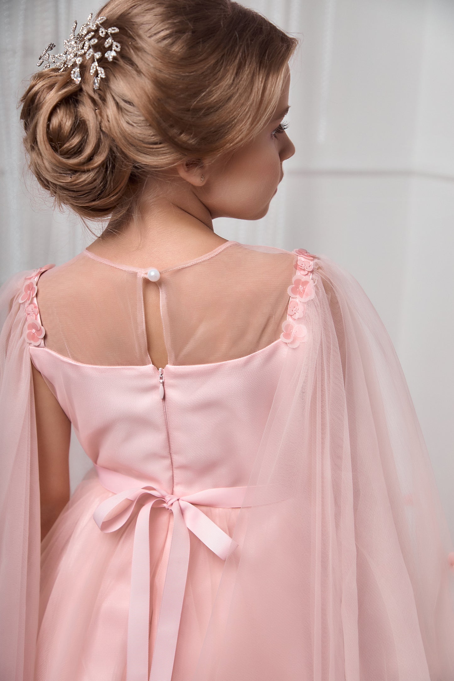 Cornelia Blush Pink Girls Occasion Dress with Floral Tulle & Long Sheer Sleeves