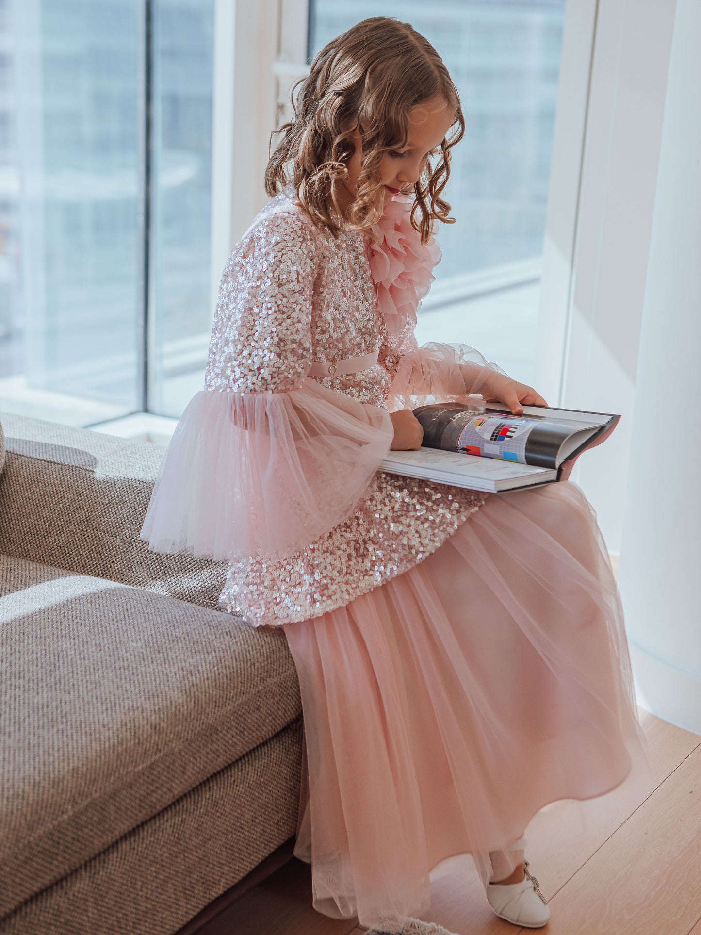 Lily-Rose Blush Pink Sequin Girls Dress with Tulle Sleeves & Layered Skirt
