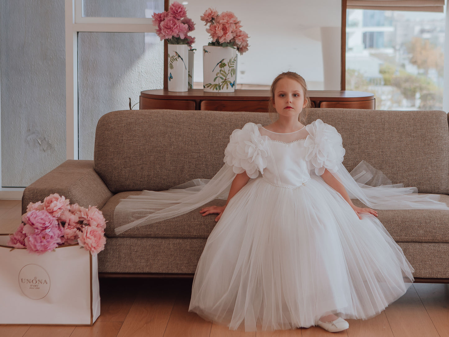 Candice Off-White Girls Couture Dress with Sheer Yoke, Organza Flowers & Tulle Cape