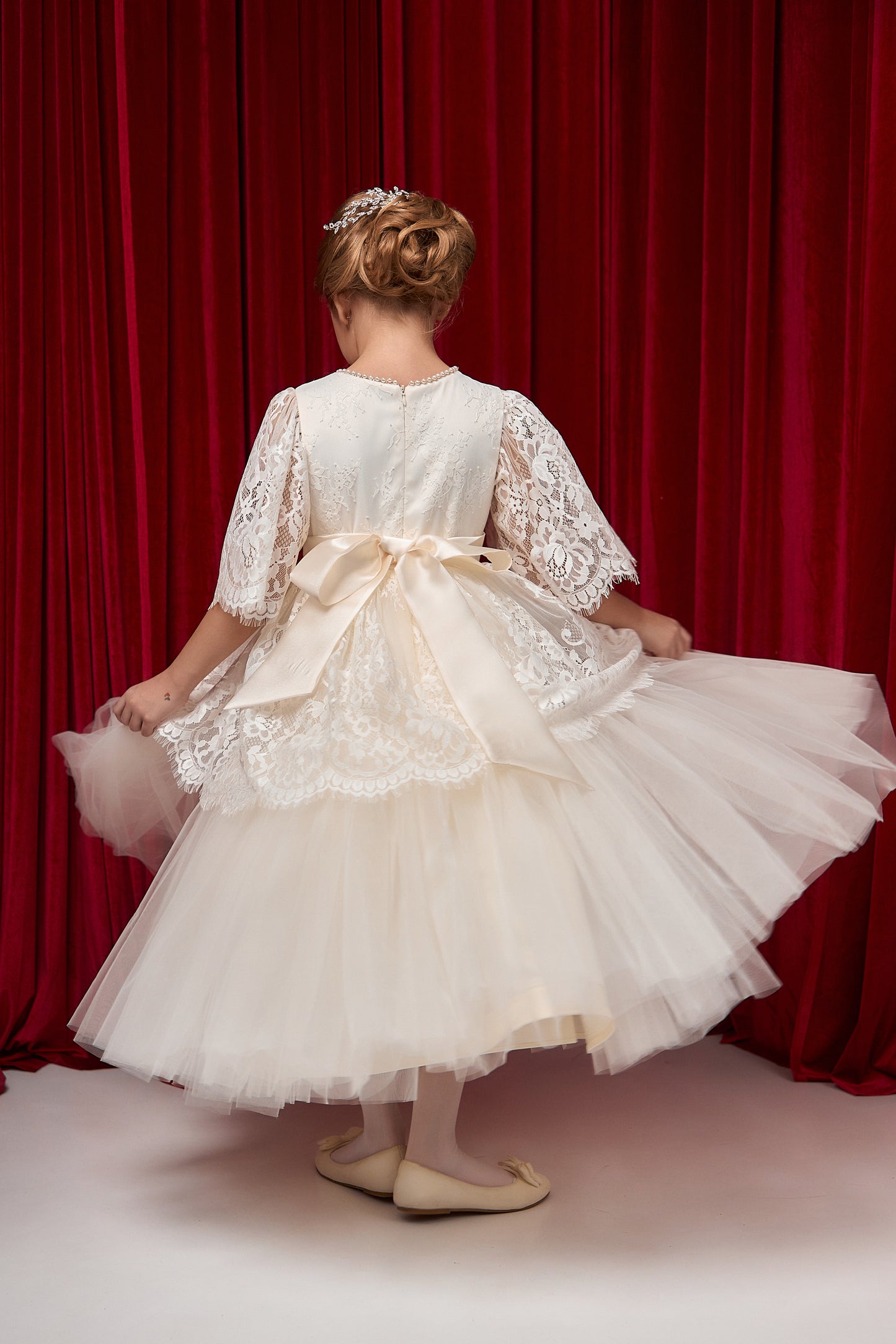 Mirabel Ivory Girls Occasion Dress with Chantilly Lace & Layered Tulle Skirt