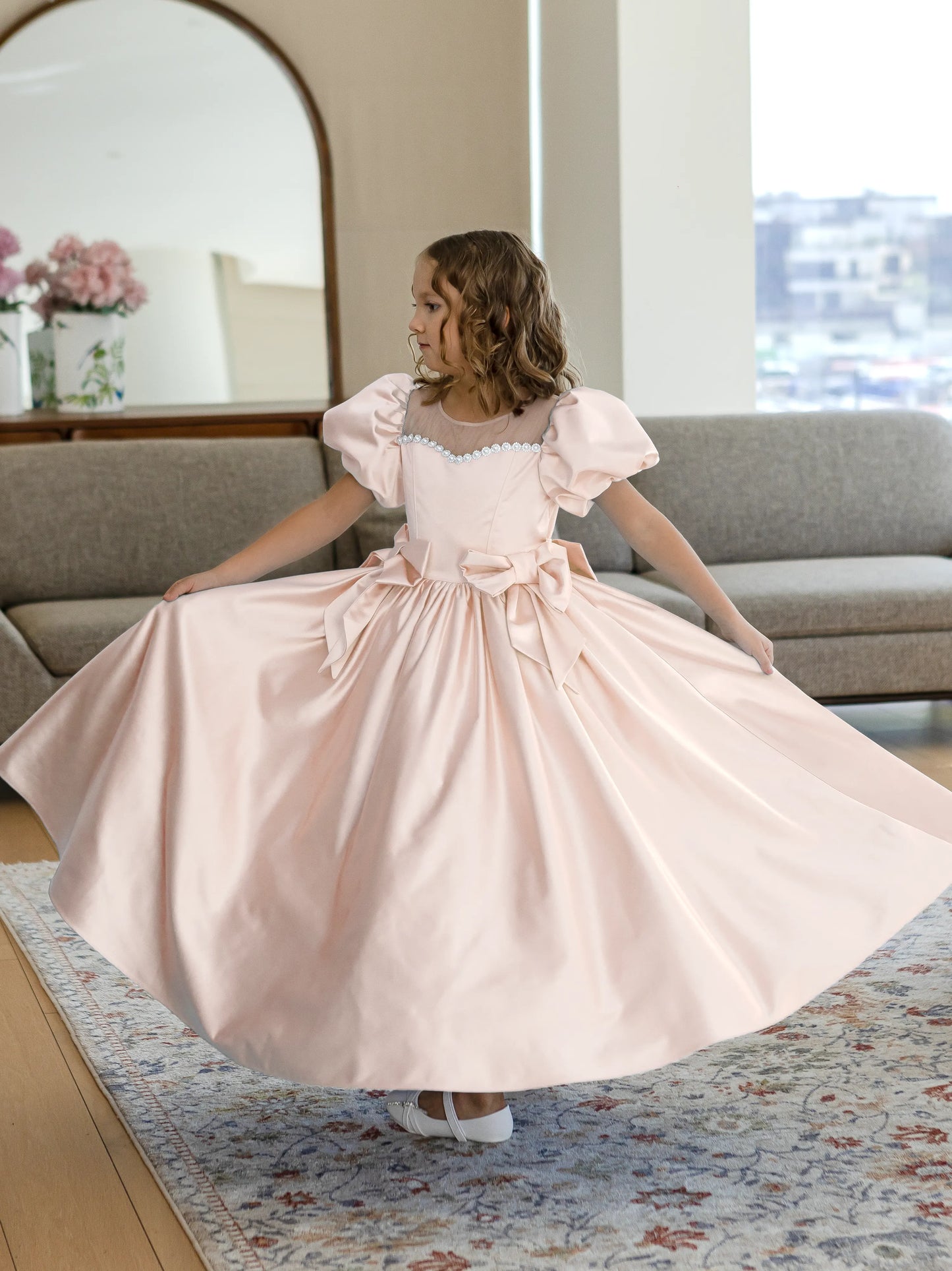 Alice Peach Blush Girls Evening Dress with Sheer Yoke & Corset Back