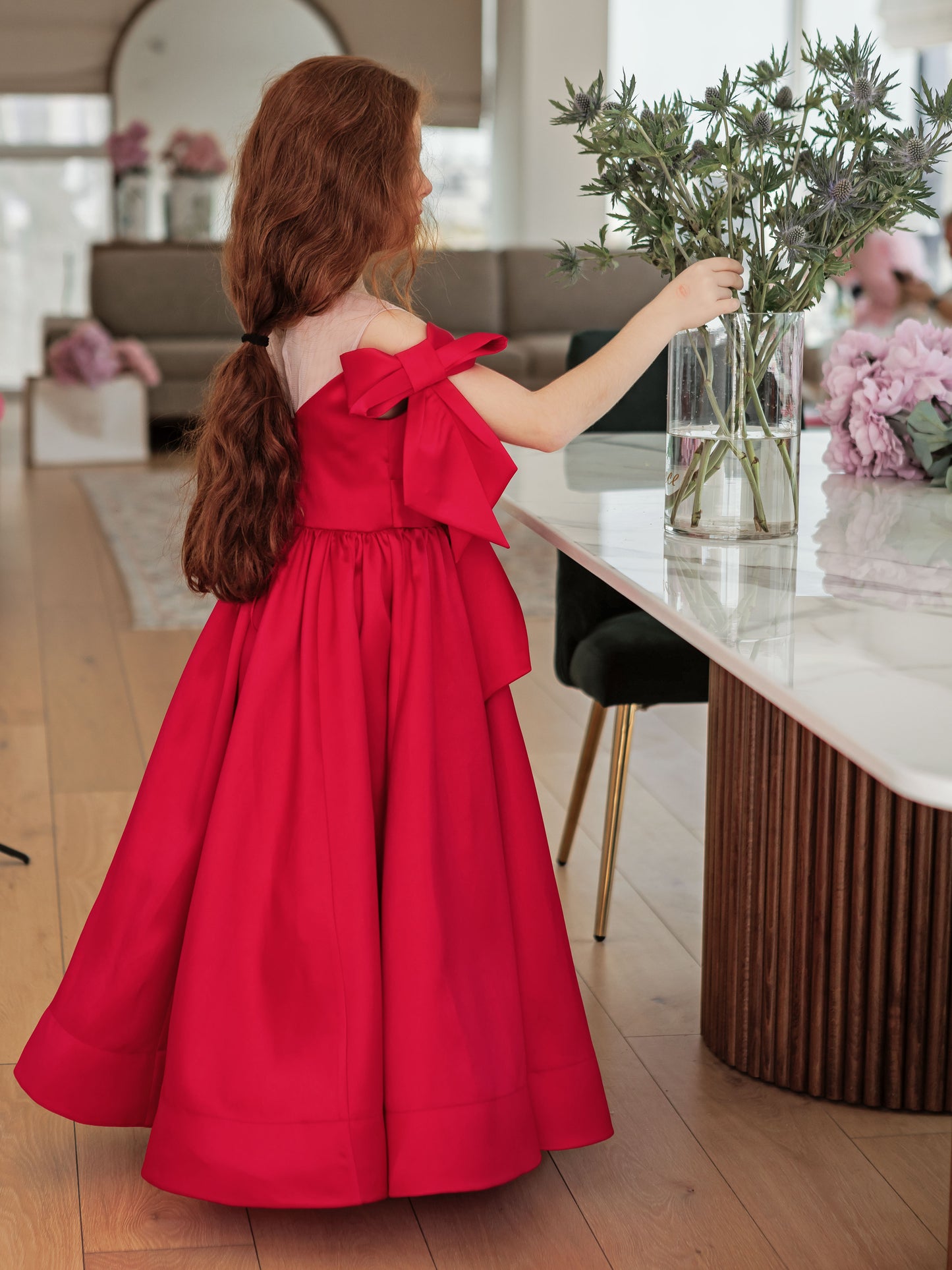 Bello Long Red Girls Evening Dress with Sheer Yoke & Corset Back