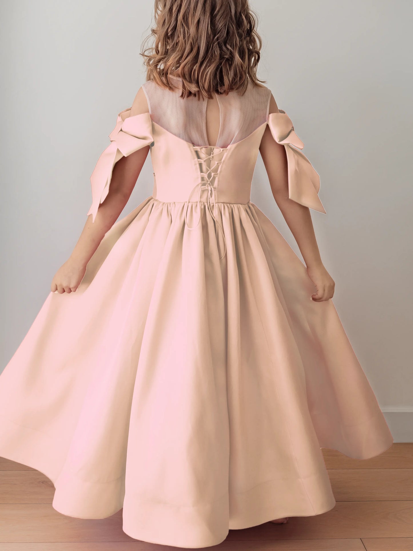 Bello Long Peach Blush Girls Evening Dress with Sheer Yoke & Corset Back
