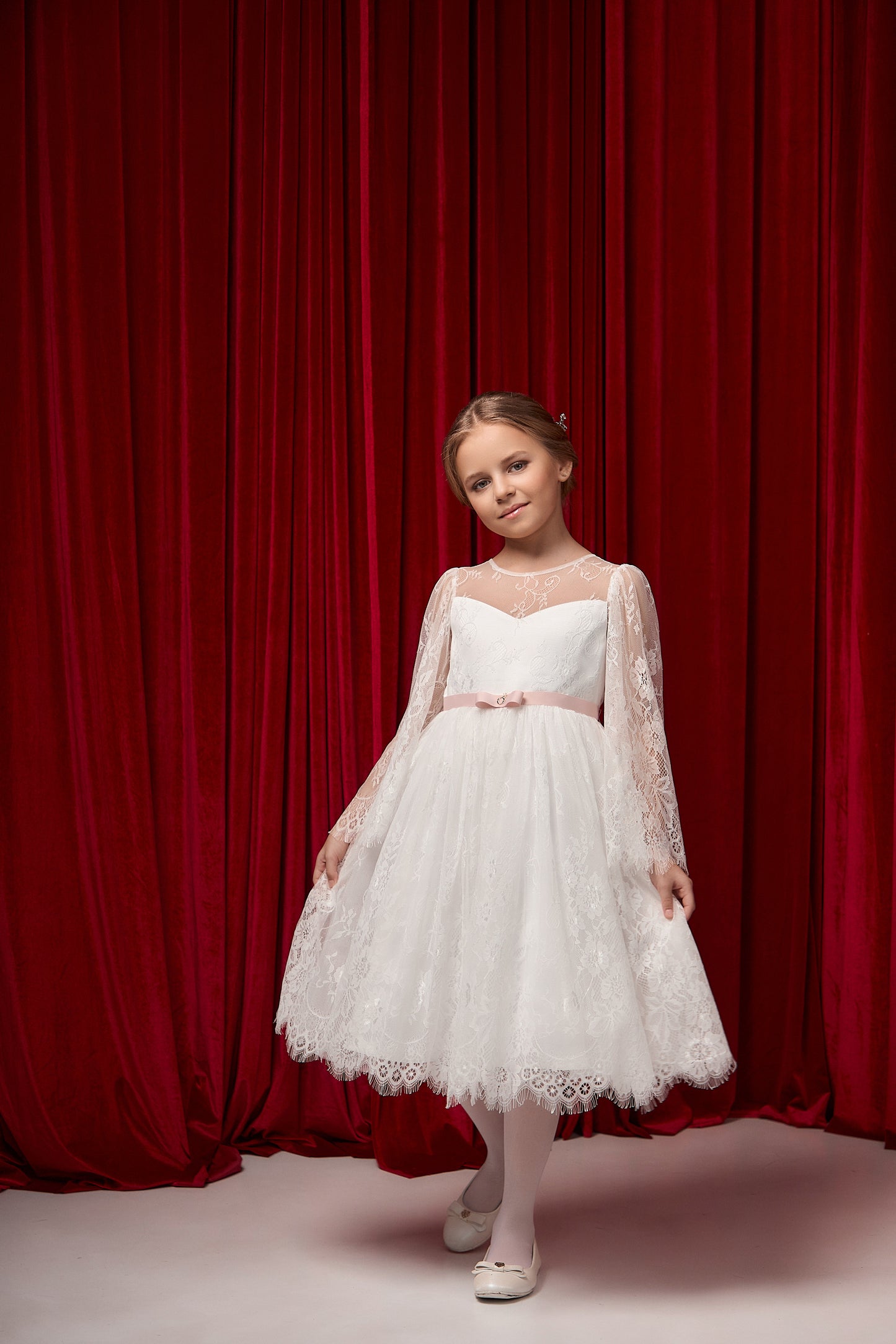 Mirelle Ivory Girls Occasion Dress with Chantilly Lace, V-Back & Long Lace Sleeves