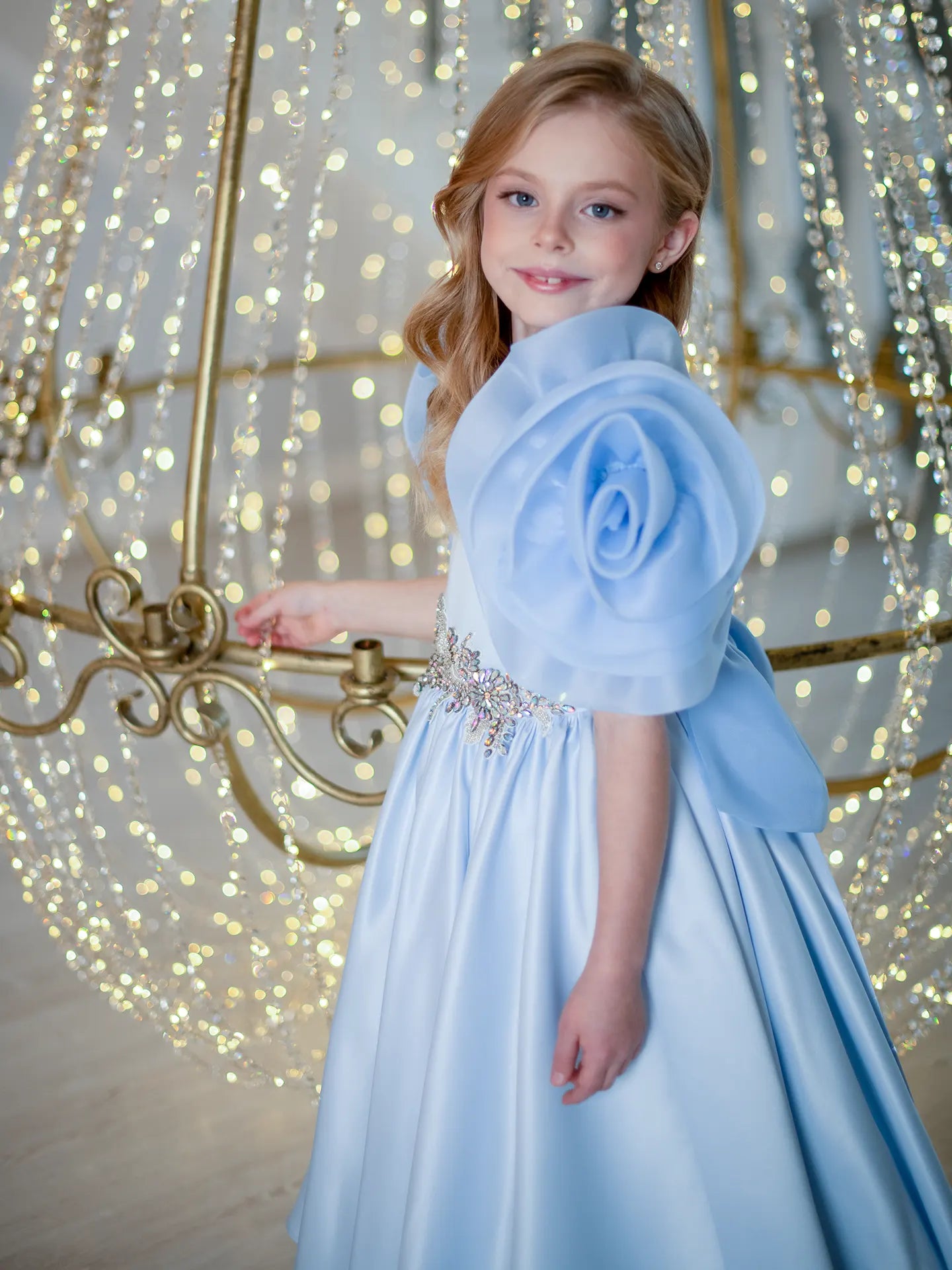 Mirana Designer elegant dress with rose-shaped sleeves BLUE