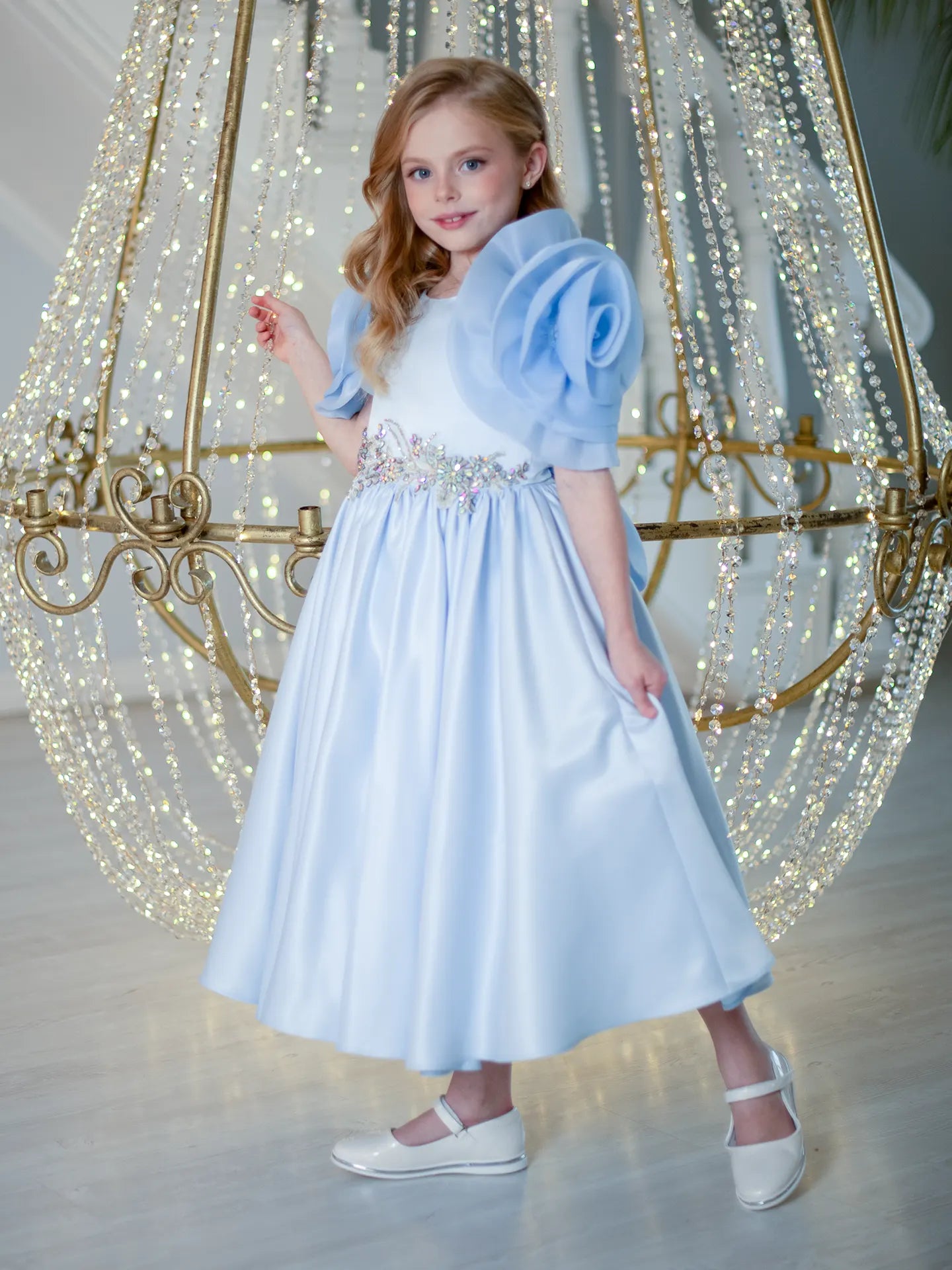 Mirana Designer elegant dress with rose-shaped sleeves BLUE