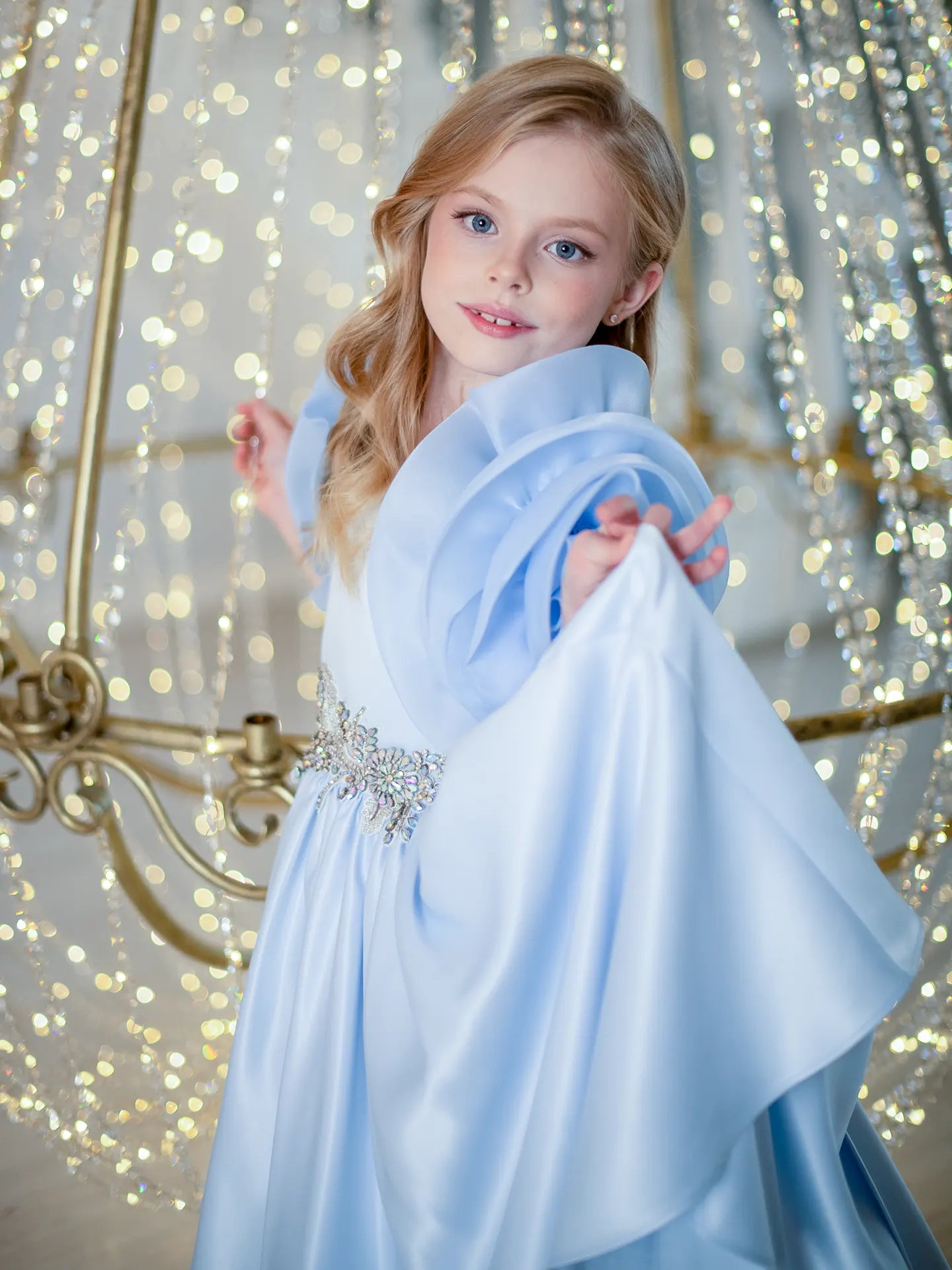 Mirana Designer elegant dress with rose-shaped sleeves BLUE