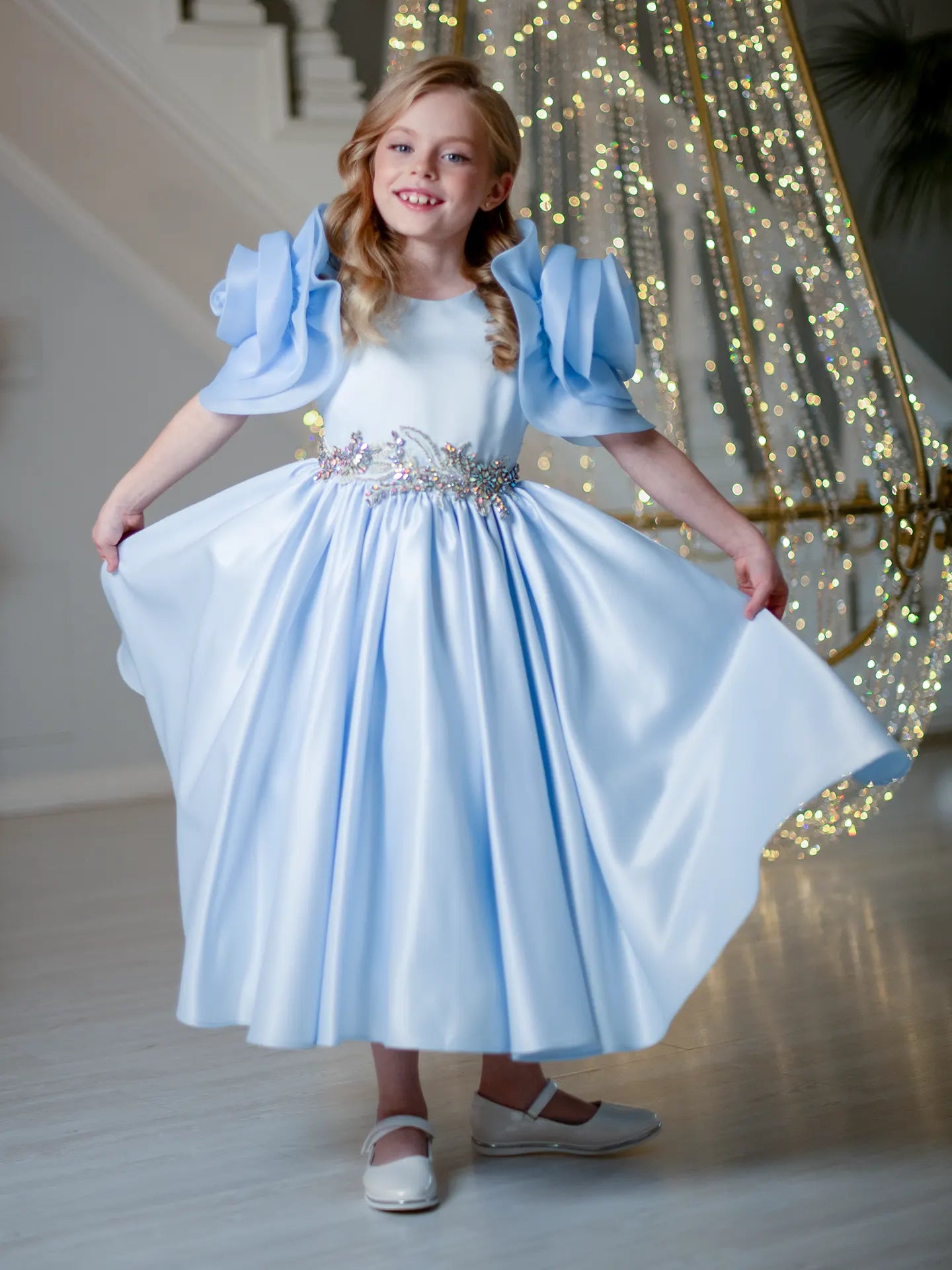 Mirana Designer elegant dress with rose-shaped sleeves BLUE