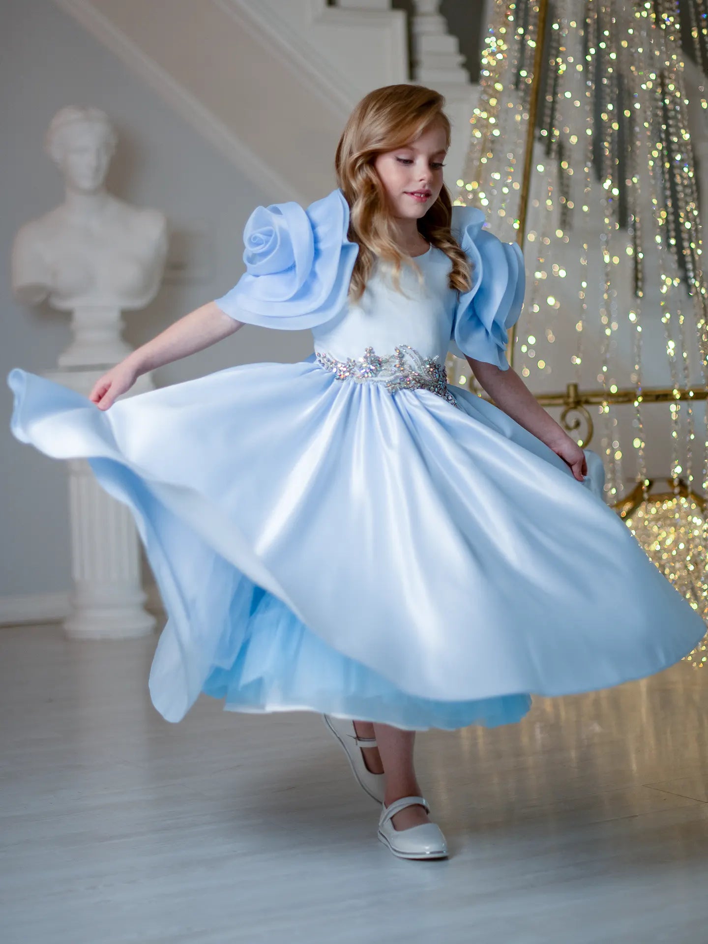 Mirana Designer elegant dress with rose-shaped sleeves BLUE