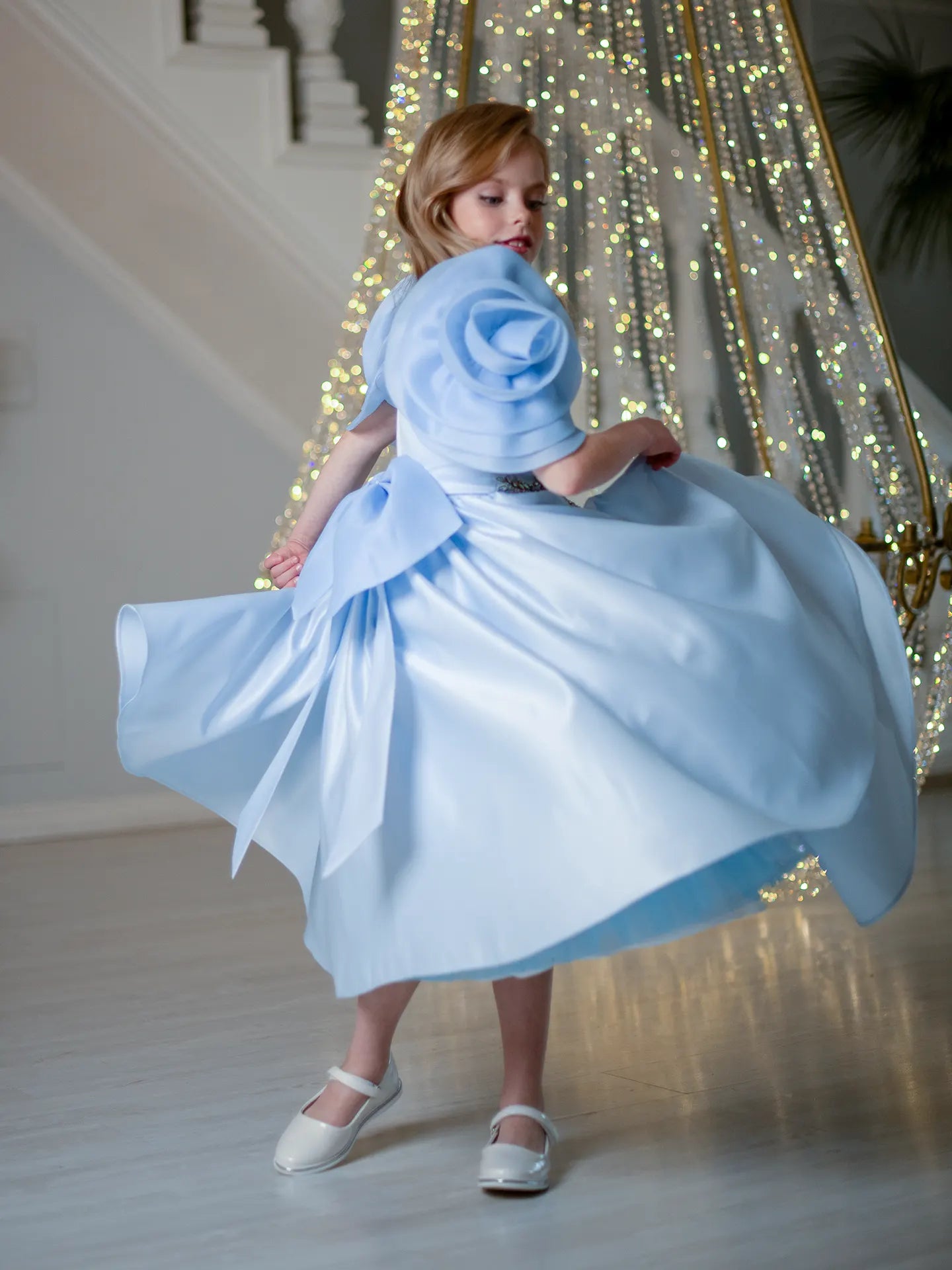Mirana Designer elegant dress with rose-shaped sleeves BLUE