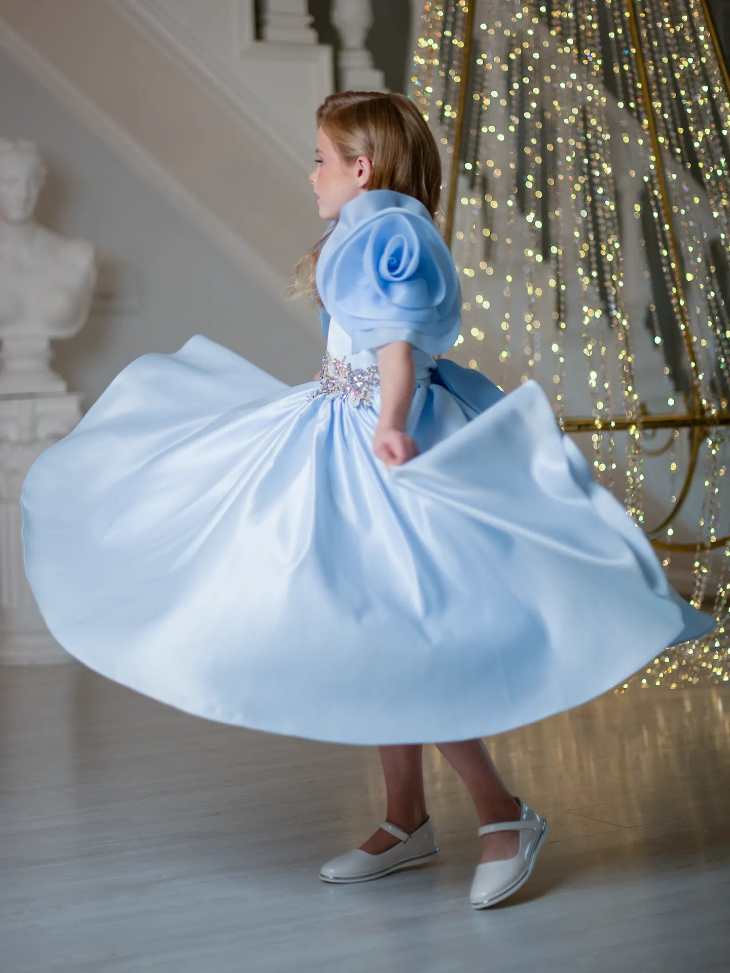 Mirana Designer elegant dress with rose-shaped sleeves BLUE