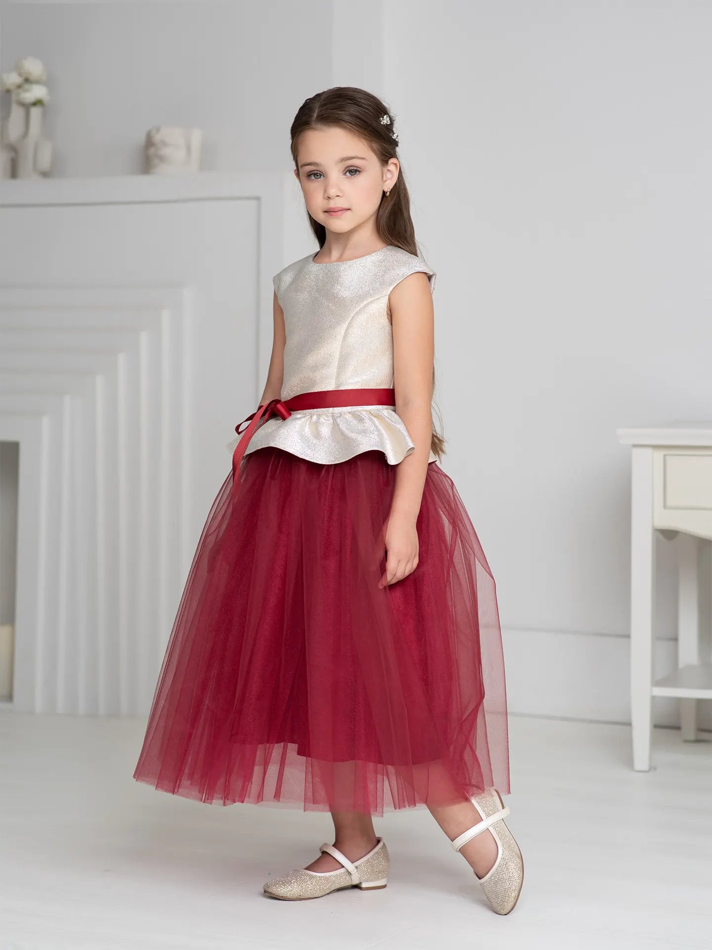 Party Set Two-color dress with a peplum and bright tulle skirt burg. Ramadan Set