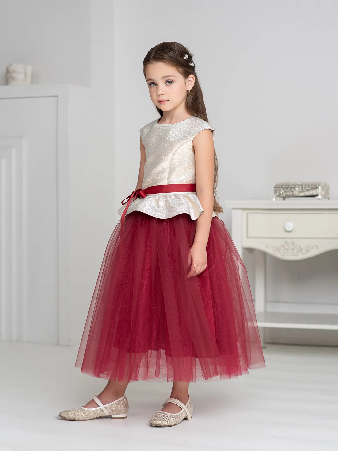 Party Set Two-color dress with a peplum and bright tulle skirt burg. Ramadan Set