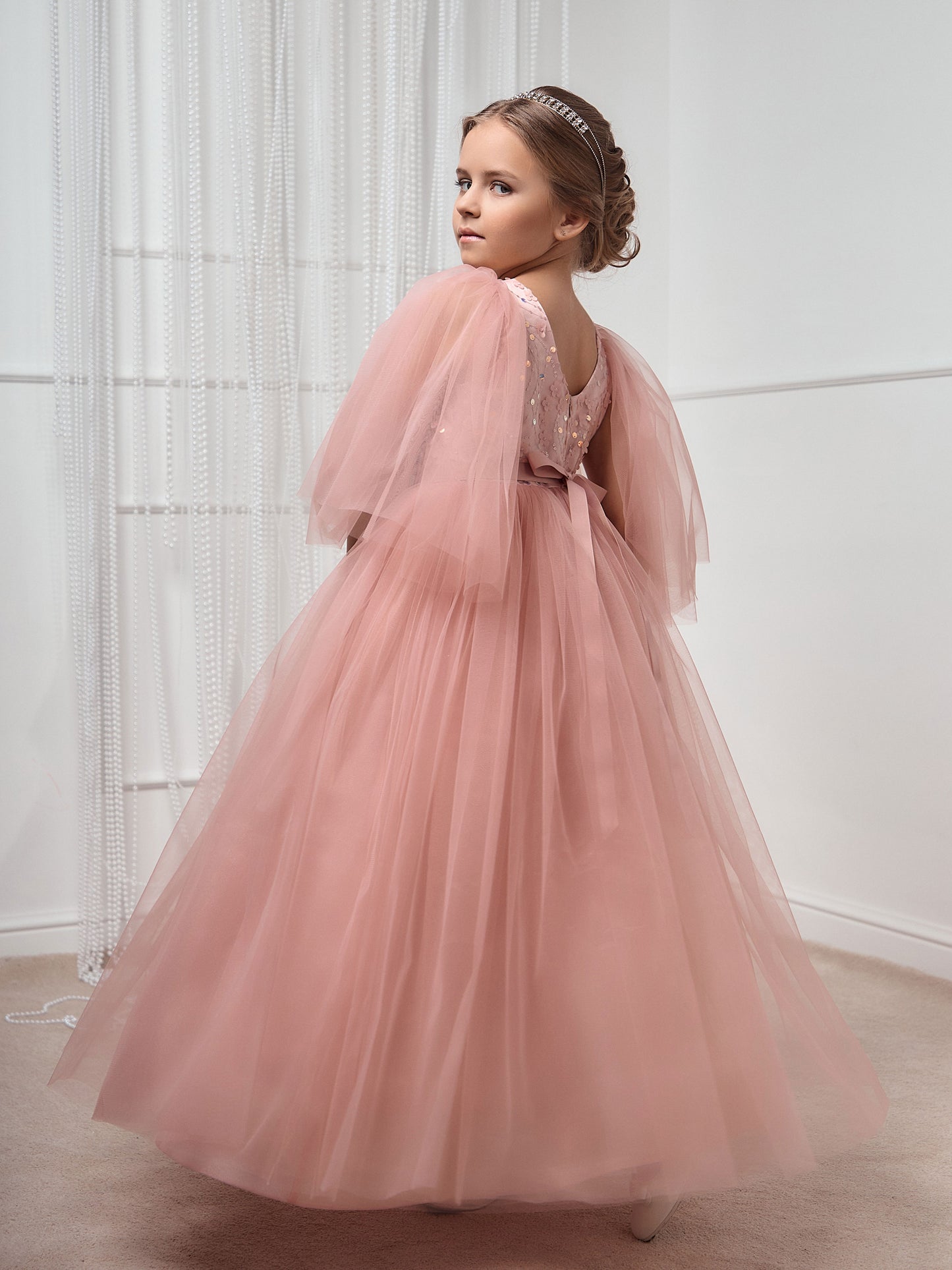 Kristell long Blush Pink Girls Evening Dress with Sequin Bodice & Flowing Skirt