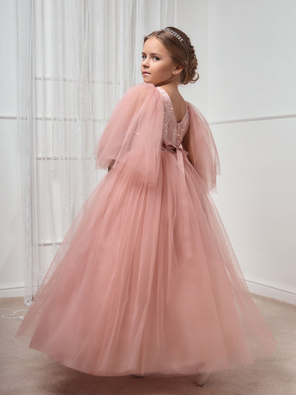 Kristell long Blush Pink Girls Evening Dress with Sequin Bodice & Flowing Skirt