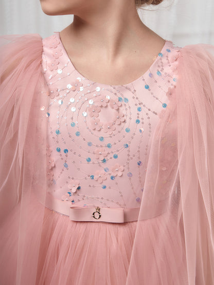 Kristell long Blush Pink Girls Evening Dress with Sequin Bodice & Flowing Skirt