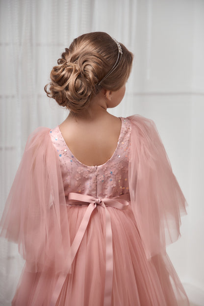 Kristell long Blush Pink Girls Evening Dress with Sequin Bodice & Flowing Skirt