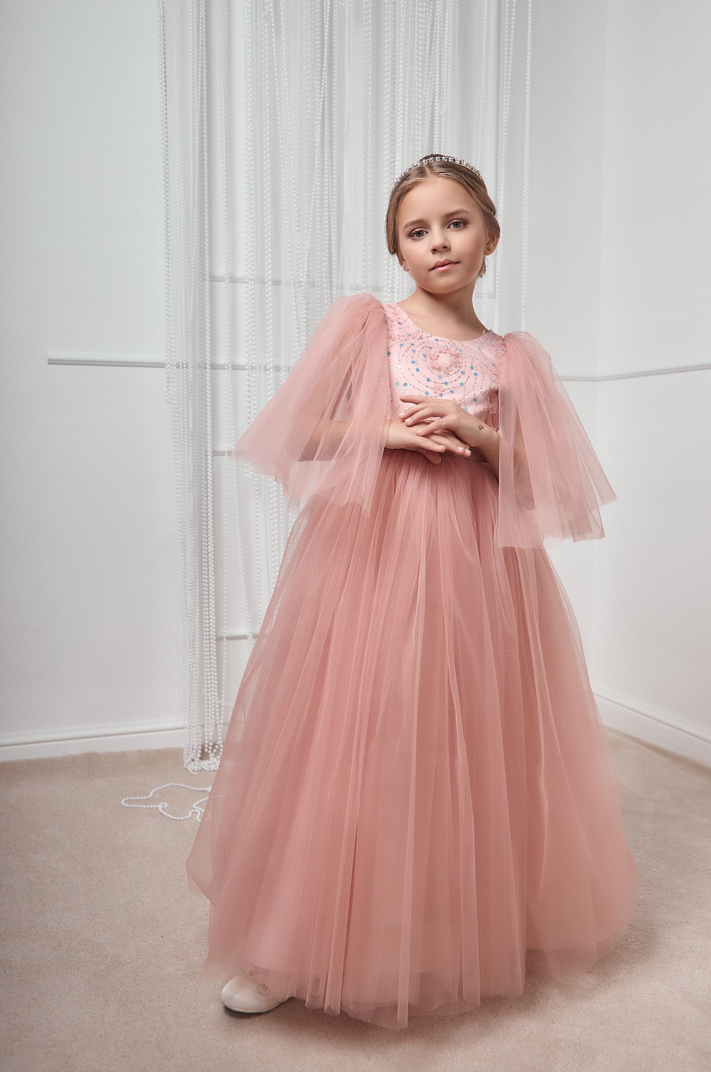 Kristell long Blush Pink Girls Evening Dress with Sequin Bodice & Flowing Skirt