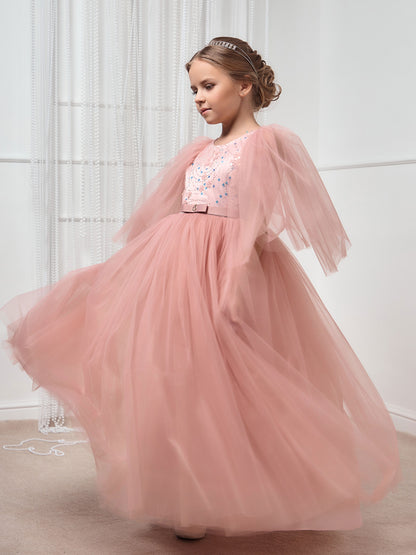 Kristell long Blush Pink Girls Evening Dress with Sequin Bodice & Flowing Skirt