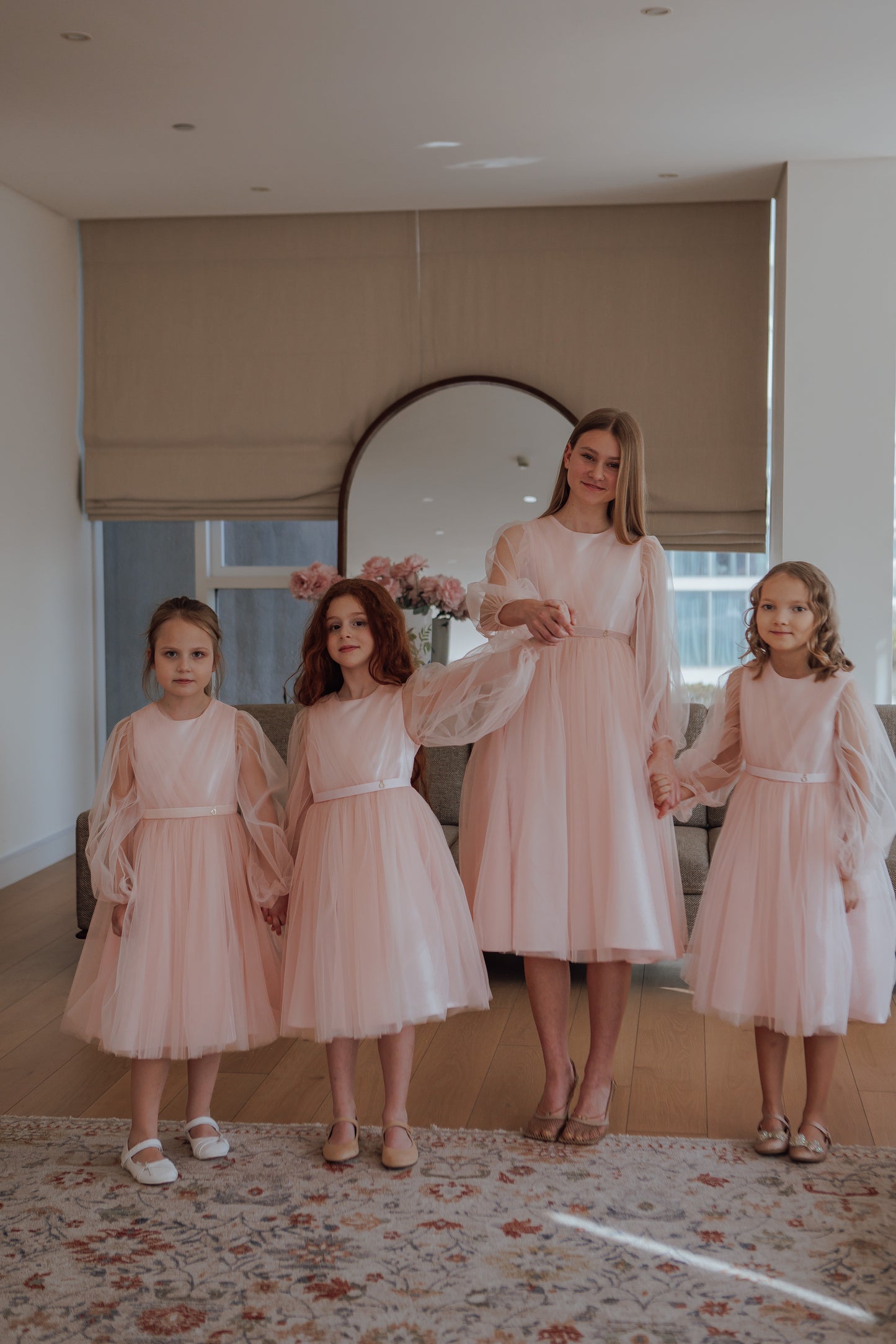 Unona long Blush Pink Girls Tulle Dress with Long Sheer Sleeves