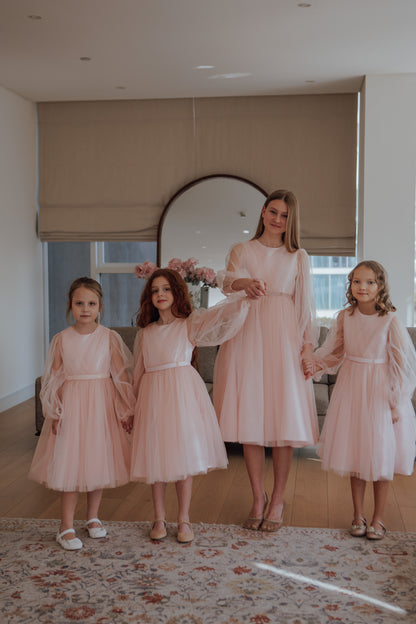 Unona long Blush Pink Girls Tulle Dress with Long Sheer Sleeves