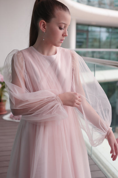 Unona long Blush Pink Girls Tulle Dress with Long Sheer Sleeves