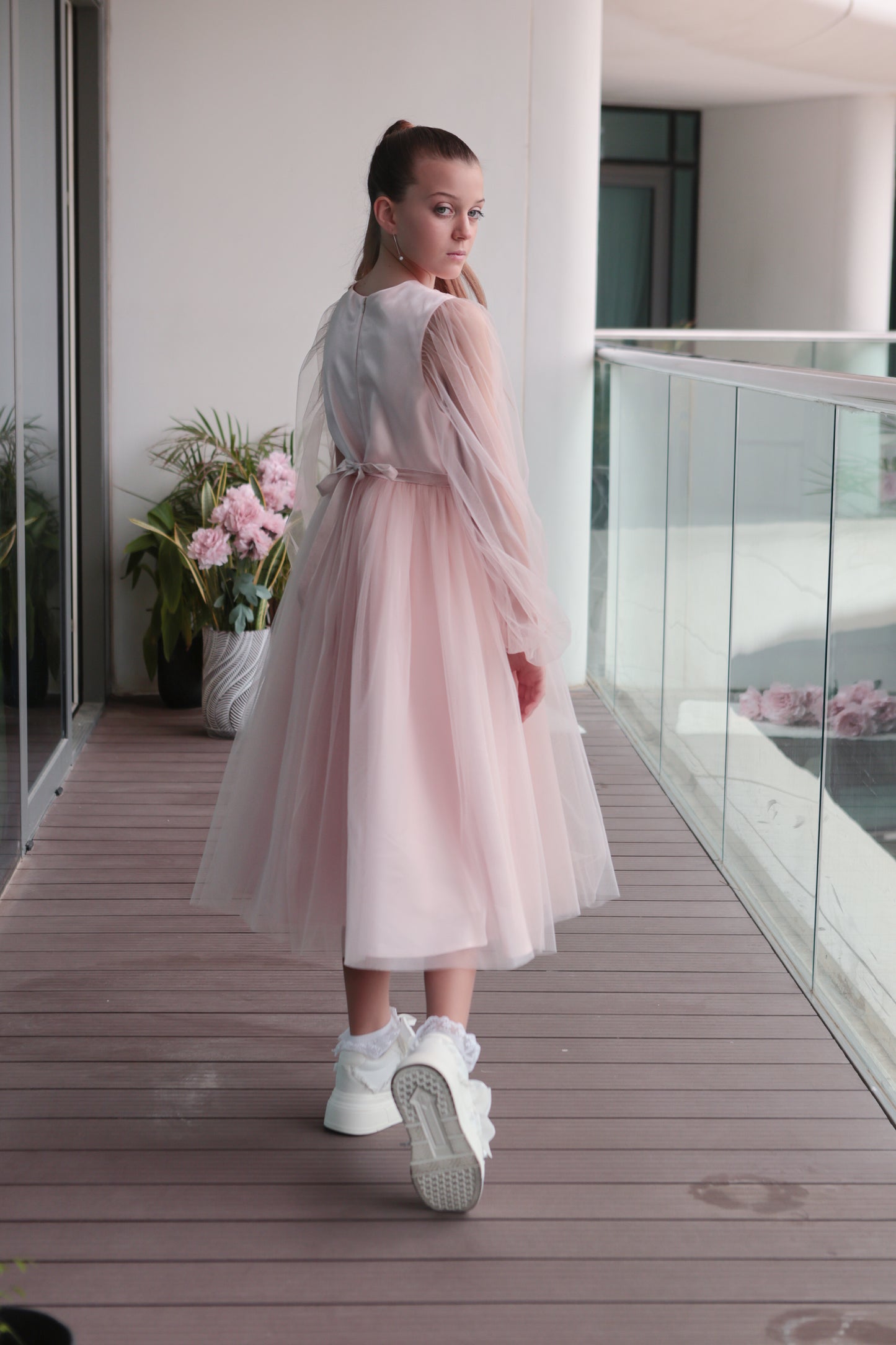 Unona long Blush Pink Girls Tulle Dress with Long Sheer Sleeves