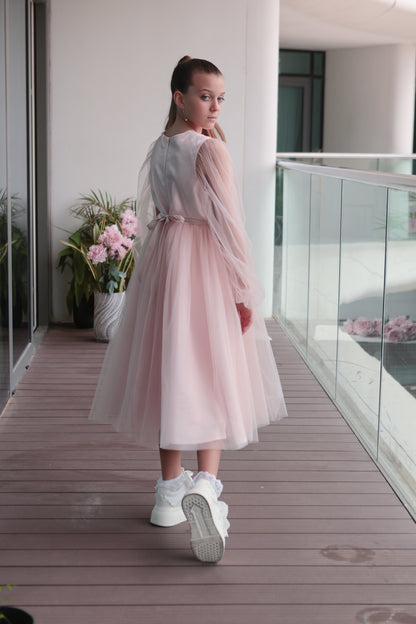 Unona long Blush Pink Girls Tulle Dress with Long Sheer Sleeves
