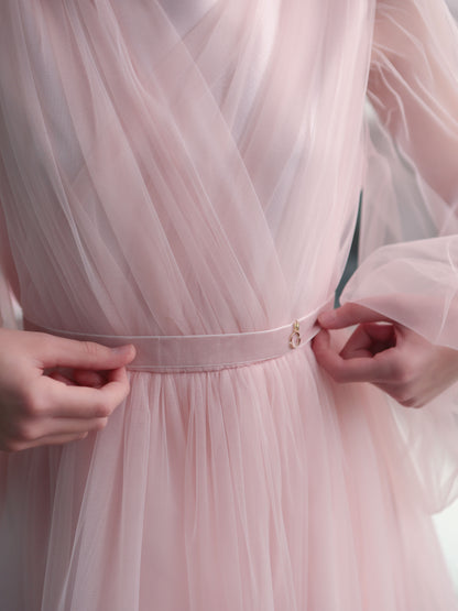 Unona long Blush Pink Girls Tulle Dress with Long Sheer Sleeves