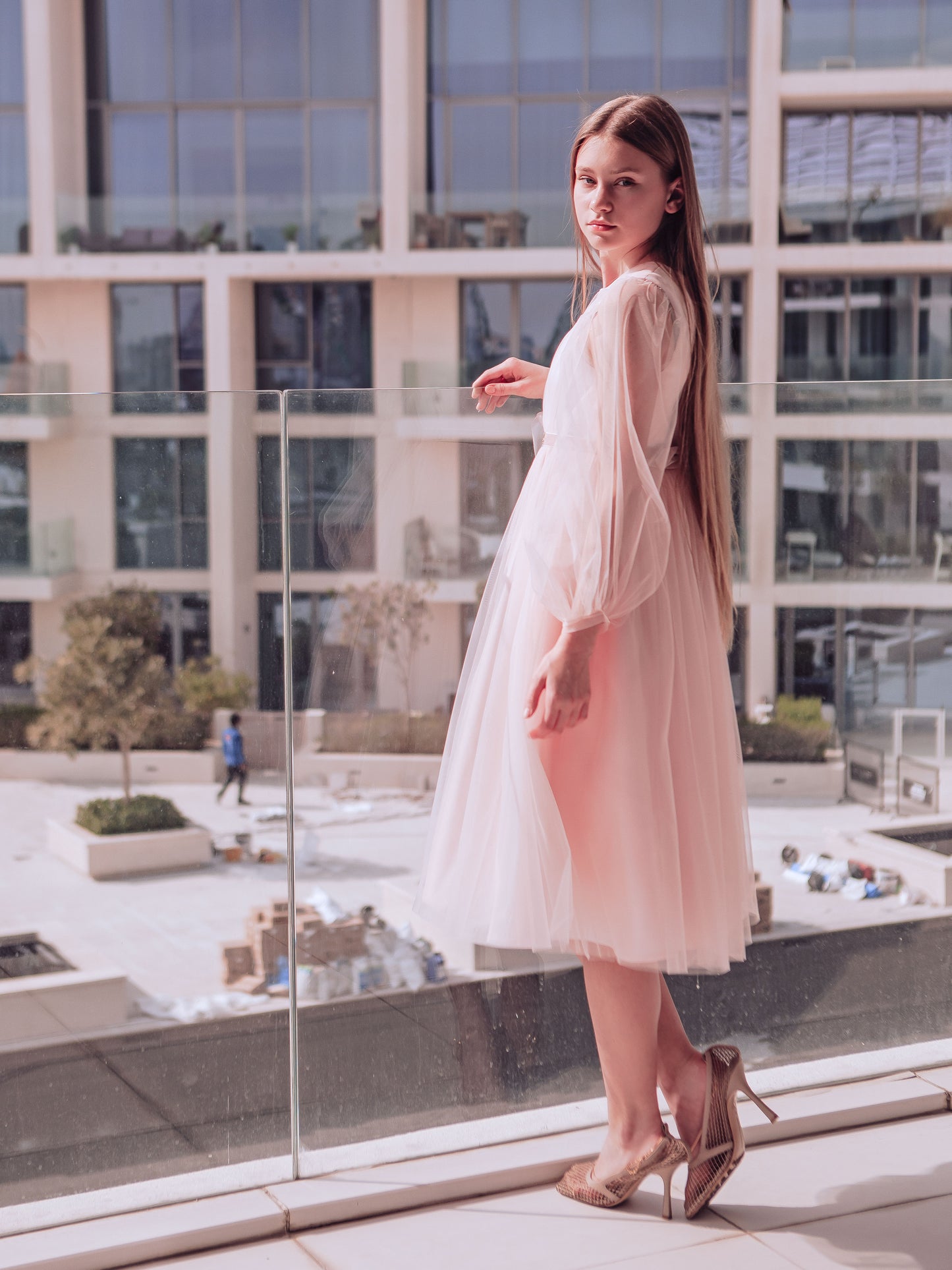 Unona long Blush Pink Girls Tulle Dress with Long Sheer Sleeves