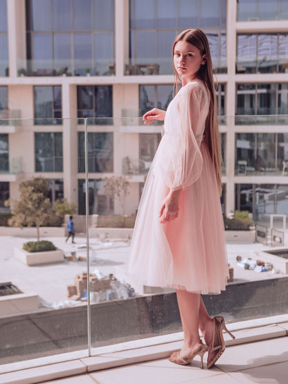 Unona long Blush Pink Girls Tulle Dress with Long Sheer Sleeves