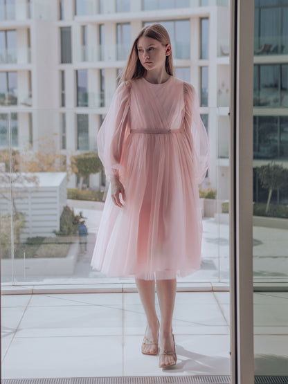 Unona long Blush Pink Girls Tulle Dress with Long Sheer Sleeves