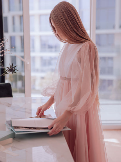 Unona long Blush Pink Girls Tulle Dress with Long Sheer Sleeves