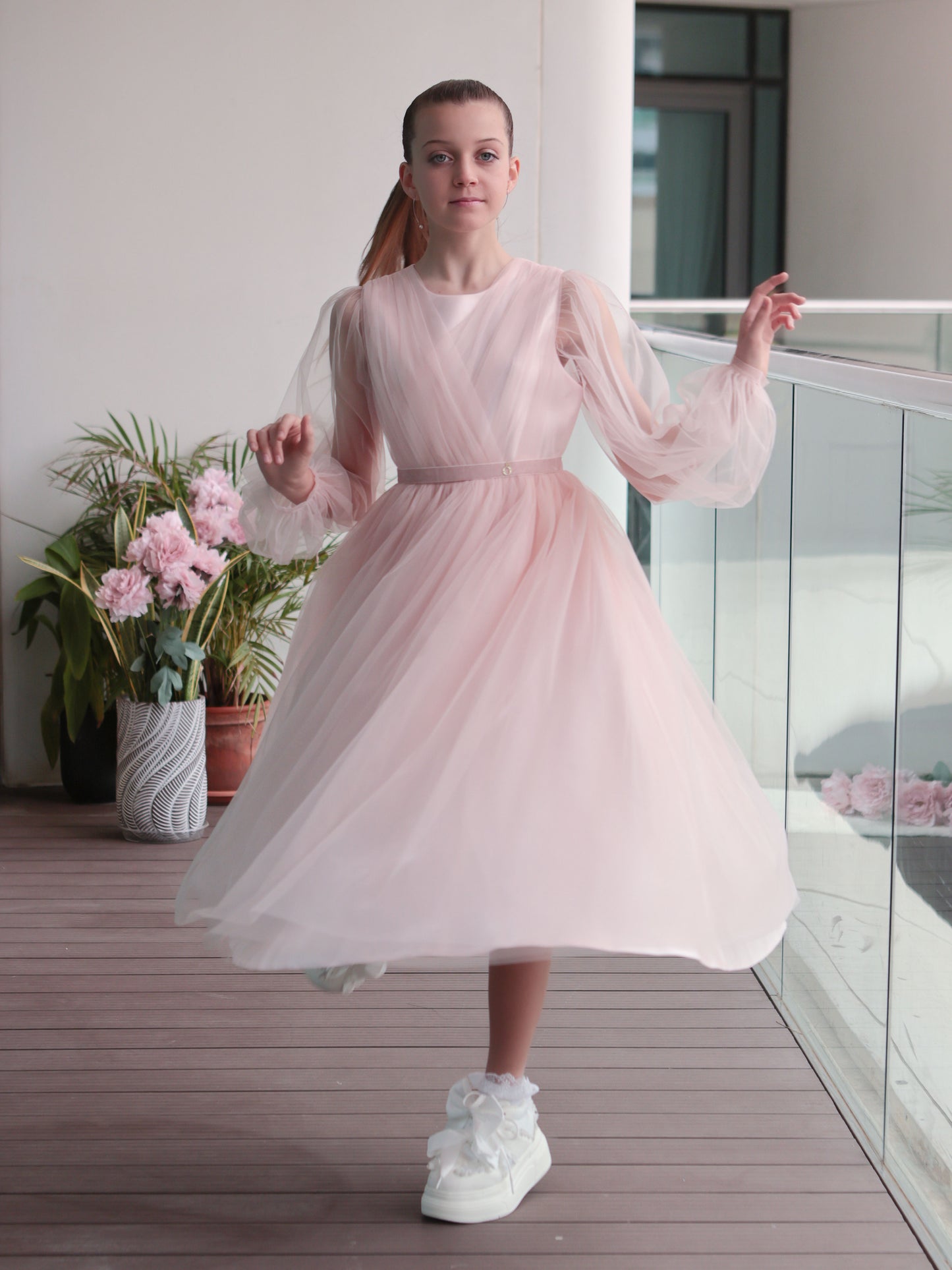 Unona long Blush Pink Girls Tulle Dress with Long Sheer Sleeves