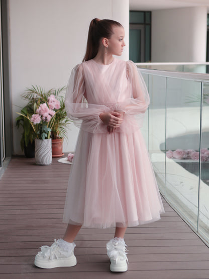 Unona long Blush Pink Girls Tulle Dress with Long Sheer Sleeves