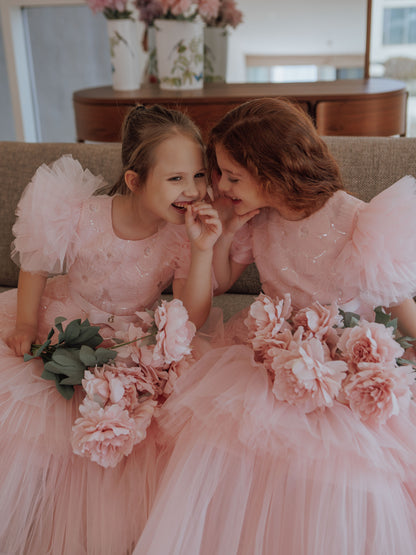 Roshell Luxury Blush Pink Girls Party Dress with Floral Appliqué & Layered Tulle Skirt