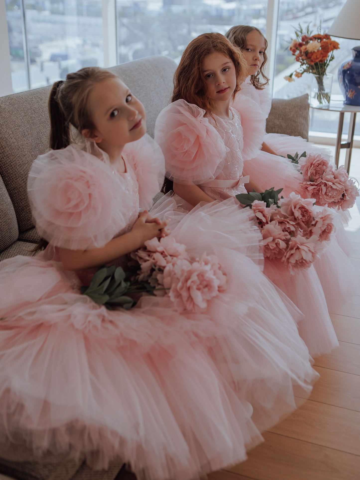 Roshell Luxury Blush Pink Girls Party Dress with Floral Appliqué & Layered Tulle Skirt