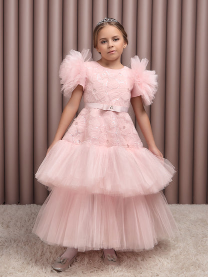 Roshell Luxury Blush Pink Girls Party Dress with Floral Appliqué & Layered Tulle Skirt