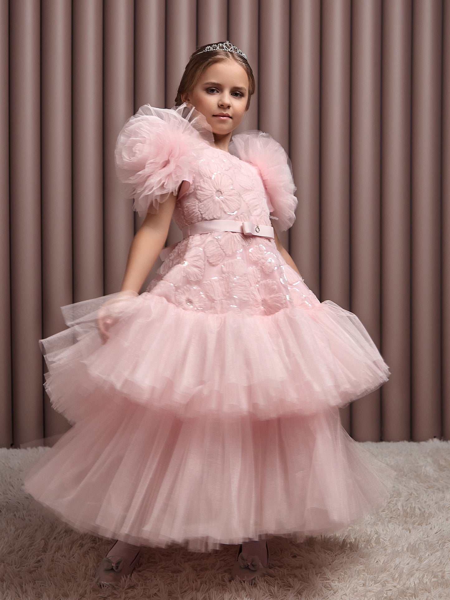 Roshell Luxury Blush Pink Girls Party Dress with Floral Appliqué & Layered Tulle Skirt