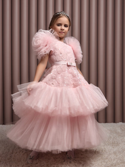 Roshell Luxury Blush Pink Girls Party Dress with Floral Appliqué & Layered Tulle Skirt