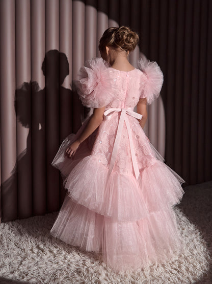 Roshell Luxury Blush Pink Girls Party Dress with Floral Appliqué & Layered Tulle Skirt