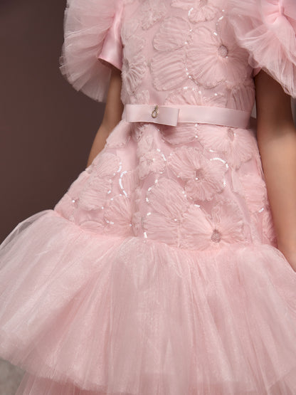 Roshell Luxury Blush Pink Girls Party Dress with Floral Appliqué & Layered Tulle Skirt