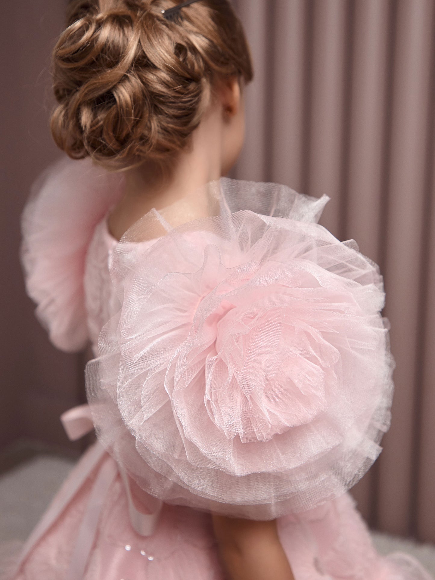 Roshell Luxury Blush Pink Girls Party Dress with Floral Appliqué & Layered Tulle Skirt