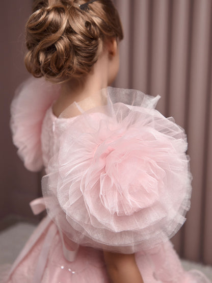 Roshell Luxury Blush Pink Girls Party Dress with Floral Appliqué & Layered Tulle Skirt