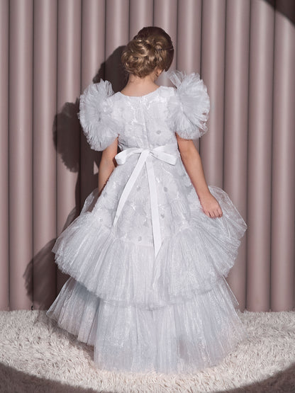 Roshell Off-White Girls Party Dress with Floral Appliqué & Layered Tulle Skirt