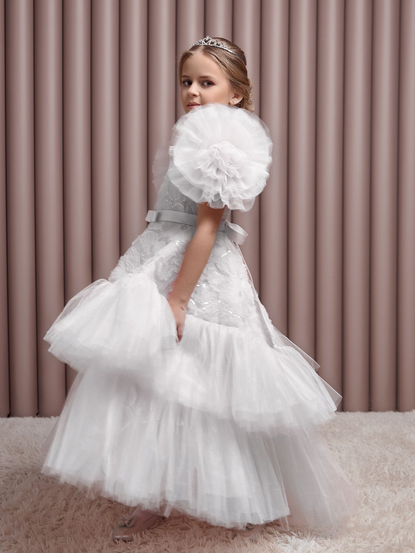 Roshell Off-White Girls Party Dress with Floral Appliqué & Layered Tulle Skirt