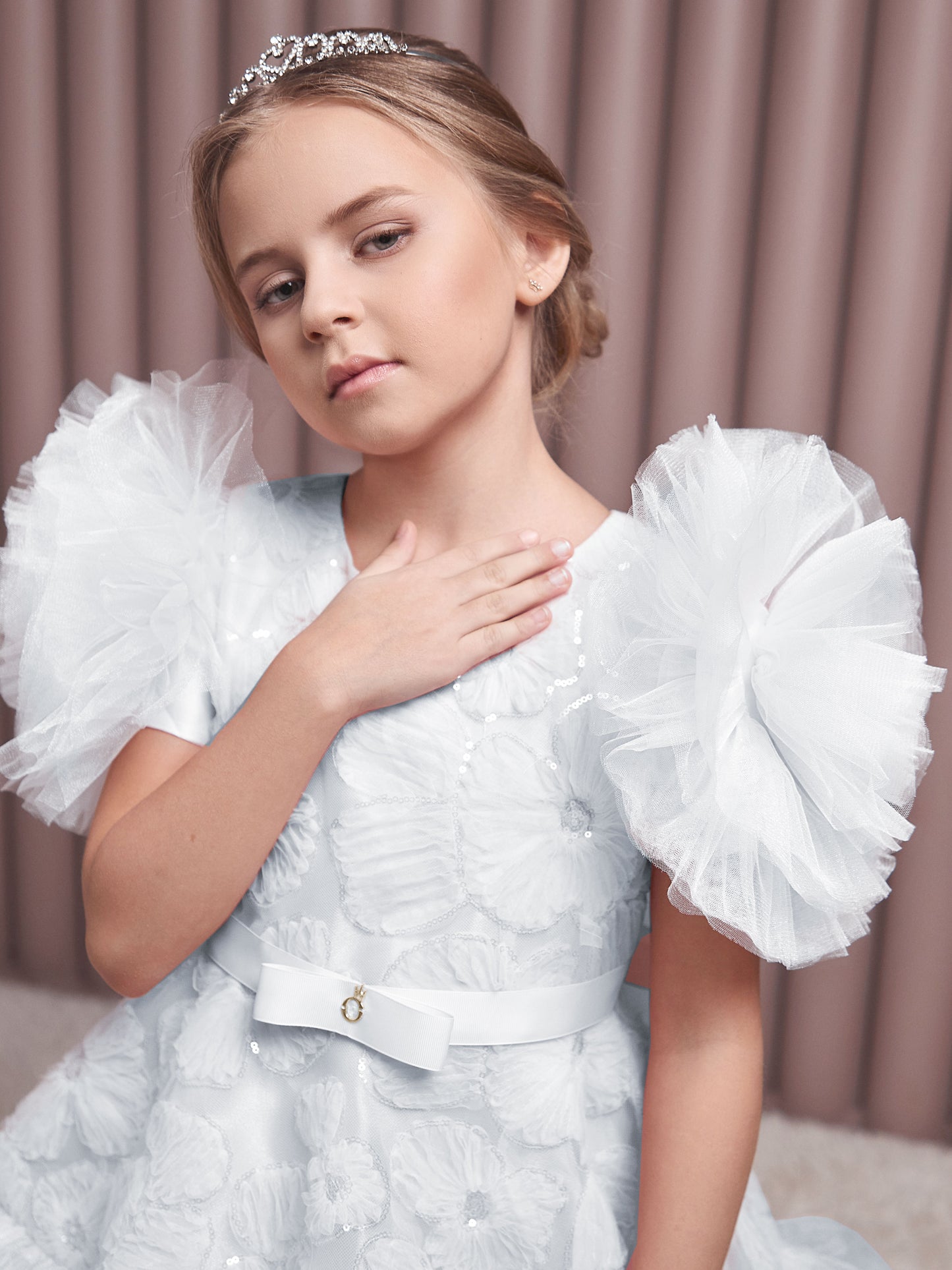 Roshell Off-White Girls Party Dress with Floral Appliqué & Layered Tulle Skirt