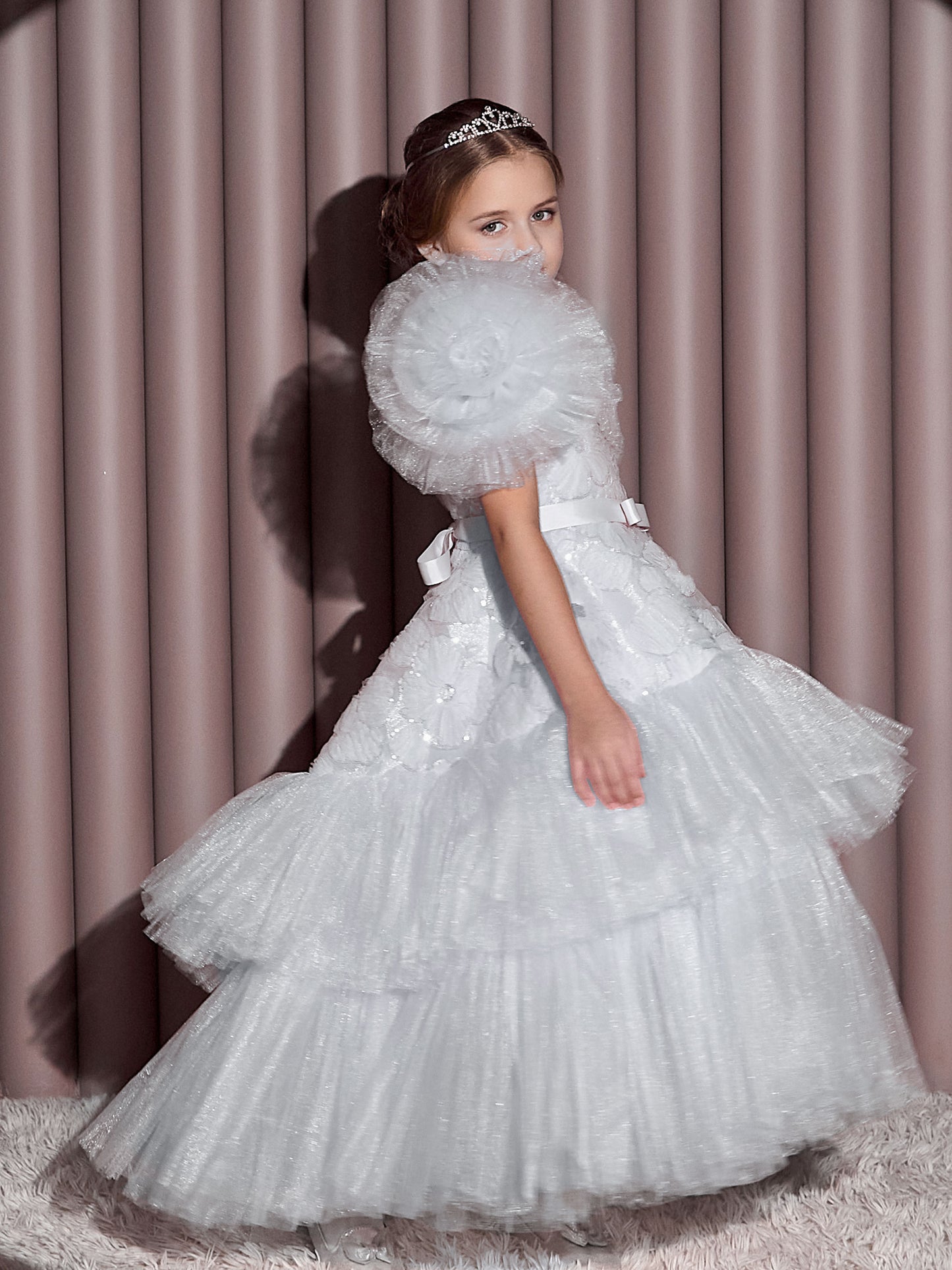 Roshell Off-White Girls Party Dress with Floral Appliqué & Layered Tulle Skirt