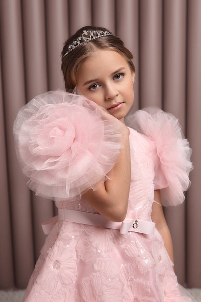 Roshell Luxury Blush Pink Girls Party Dress with Floral Appliqué & Layered Tulle Skirt